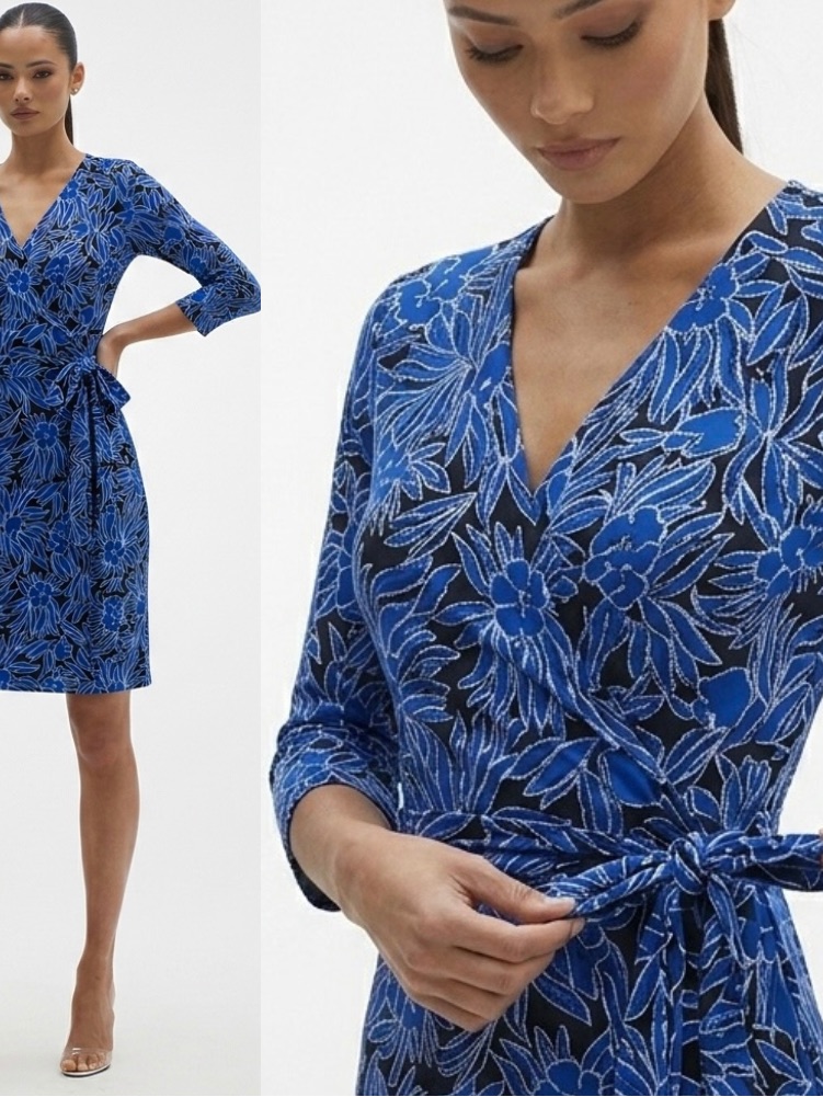Nwt Dvf New Julian Wrap Dress Silk Cotton Blue Print 3/4 Sleeve Size 0 Floral